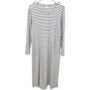 LANDS END T-shirt Dress Large Tall Nautical Stripe Long Midi Cotton Navy Beige